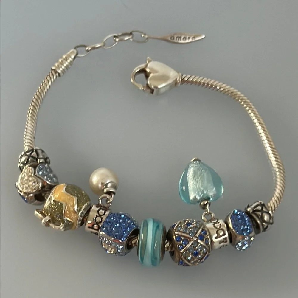 Amore & Baci 925 Sterling Elegant Blue and Gold Charm Bracelet